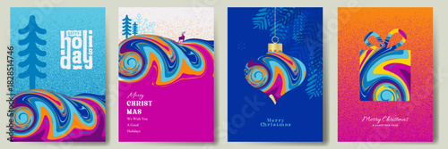 Christmas holiday background set, Xmas greeting card design with bright colorful concept vector illustration