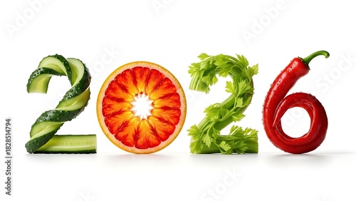 Creative composition of year 2026 made from healthy fruits and veggies