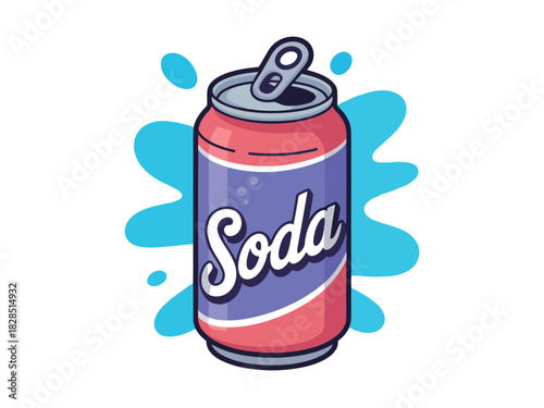 Icy cold soda can with refreshing splash, perfect for summer thirst quenching and vibrant beverage advertising, offering a delightful, fizzy refreshment