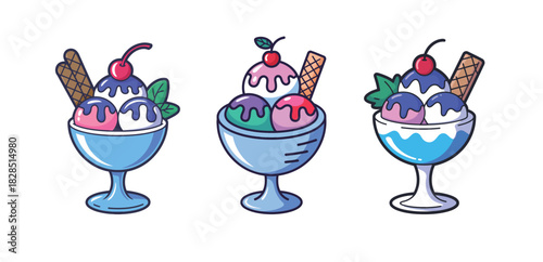 Delicious ice cream sundaes with waffle and cherry topping, ready for a sweet treat, perfect for summer dessert promotions and cheerful celebrations