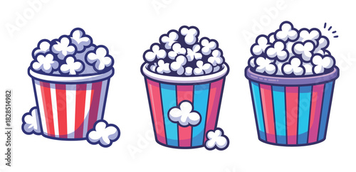 Enjoy delicious popcorn with vibrant cartoon style buckets, perfect for movie night illustrations, snack time fun, and creative design projects with retro charm