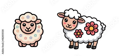 Adorable cartoon sheep duo with charming floral accents, perfect for spring designs and whimsical projects, adding a touch of playful sweetness and cheer