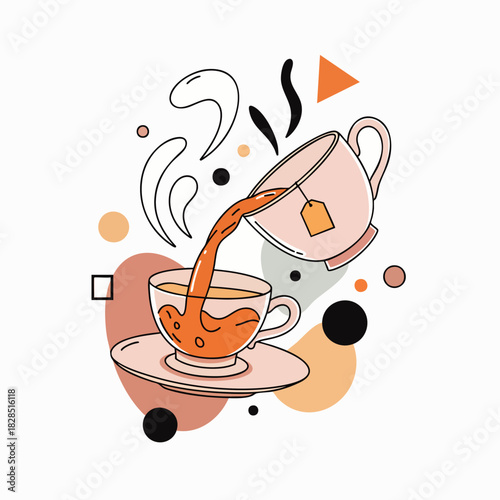 A minimalist illustration depicts amber tea pouring from one teacup into another, surrounded by abstract shapes, creating a comforting and contemporary visual.