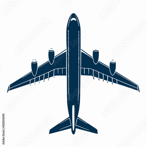An overhead view of a dark blue passenger airplane silhouette illustration