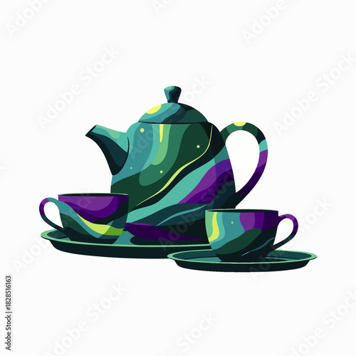 A vibrant, abstractly patterned tea set, featuring a unique teapot and two matching cups with saucers, rendered in a colorful illustration.
