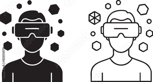 Two stylized icons of a person wearing virtual reality goggles silhouette isolated on transparent background