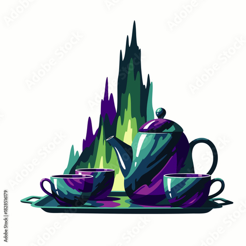 A vivid abstract illustration displays a modern tea set with a teapot and three cups on a tray, against a colorful, jagged background, for unique artistic appeal.