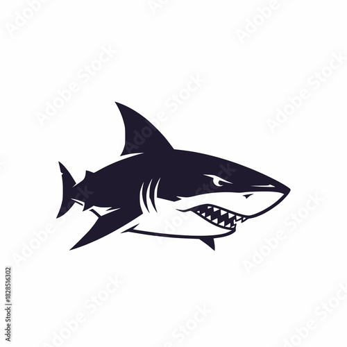 A stark black and white illustration of a great white shark profile