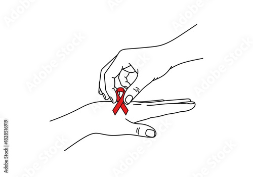 Vector illustration of supportive hand placing a red ribbon on another hand, world aids day, clipart style vector