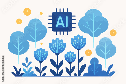 AI Chip in a Garden with Circuit Board Flowers.