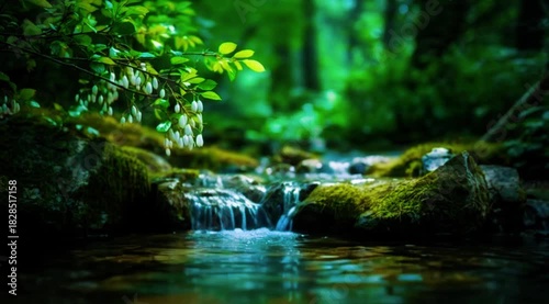 Small waterfall flowing over moss covered rocks in forest surrounded by green plants creating calm natural atmosphere
