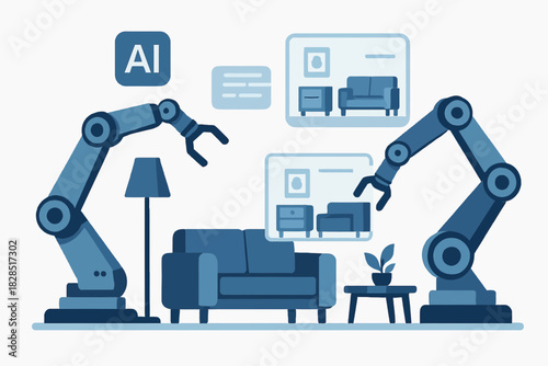 AI powered robotic arms assembling furniture in a smart home setting.