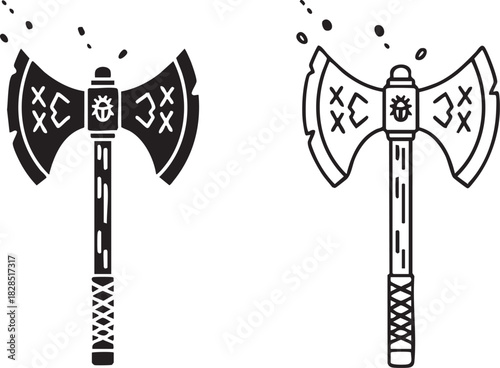 Two viking battle axe silhouettes with decorative engravings isolated on transparent background
