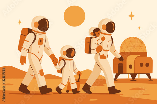 Astronaut family walking on Mars with a baby and a child exploring the red planet.