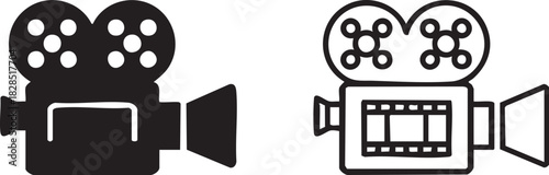 Vintage film camera silhouette and outline icons isolated on transparent background