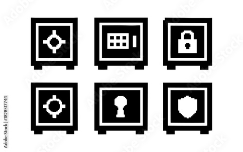 Pixel art safe icons set: retro style security symbols for digital use