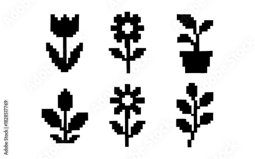 Pixelated floral icons: minimalist black and white flower designs