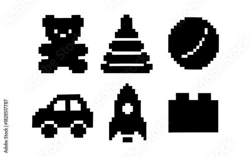 Pixel art toy icons: bear, stacking ring, ball, car, rocket, block