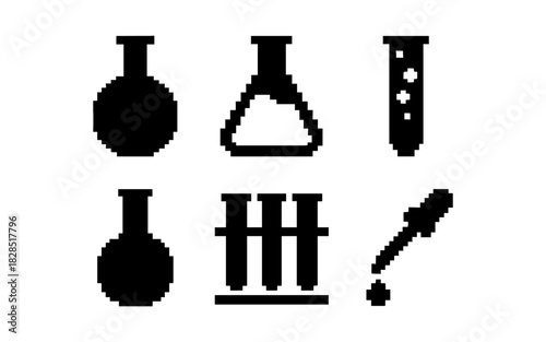 Pixel art science icons: flasks, test tubes, and droppers