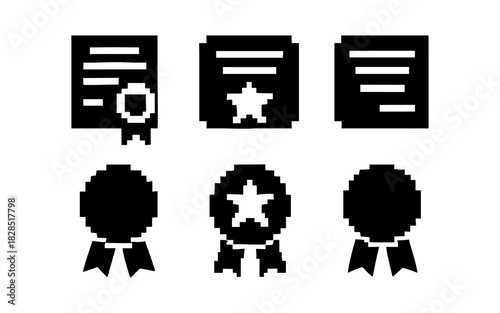 Pixel art awards and certificates: retro style icon set for achievements