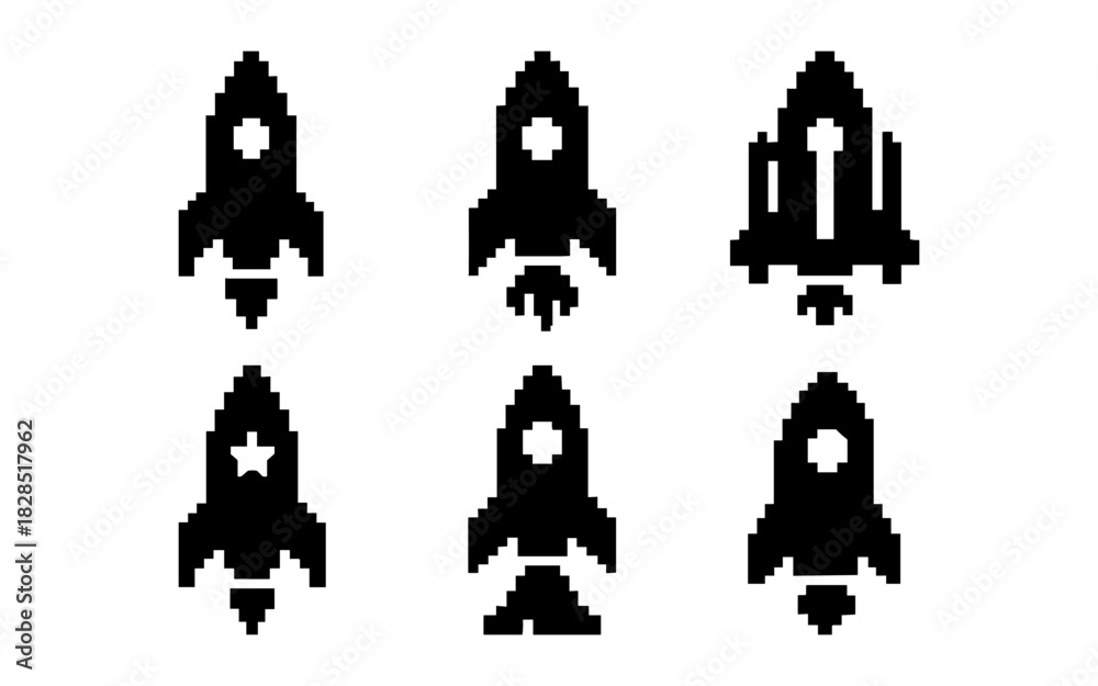Obraz premium Retro pixel rocket icons set featuring various rocket designs in black