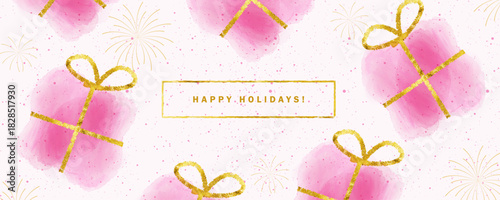 Xmas background design with pink giftbox pattern concept, Merry Christmas and happy new year template banner design for social media post, greeting card, website header banner