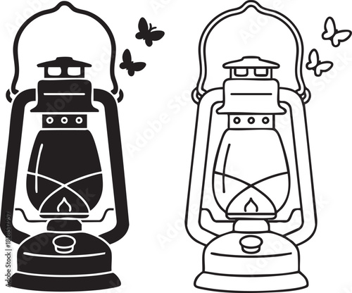 Vintage kerosene lantern silhouette and outline with butterflies isolated on transparent background