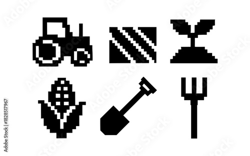 Pixel art agriculture icons: tractor, crops, tools for modern farming designs