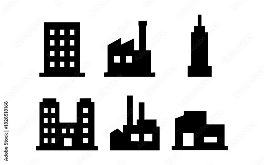 Obraz premium Silhouette icons of urban buildings and factories in minimalist black and white style