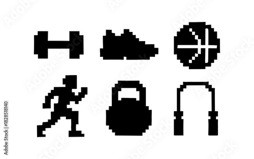 Pixel art fitness icons: dumbbell, sneakers, basketball, runner, kettlebell, jump rope