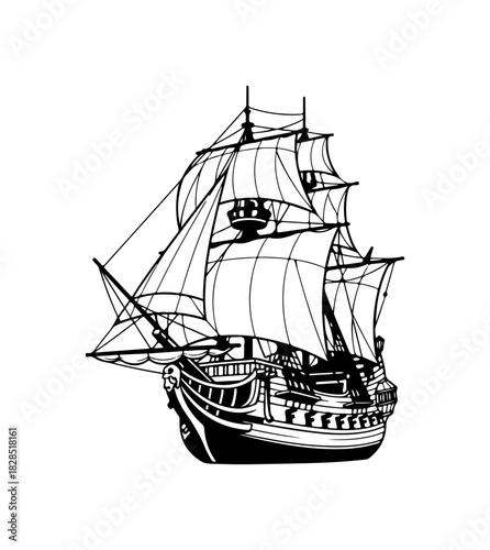 Detailed galleon ship sailing vector art for historical novels, adventure tales and nautical designs