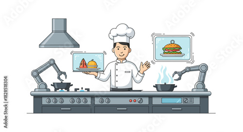 Chef in Futuristic Kitchen with Robotic Arms and Advanced Technology.