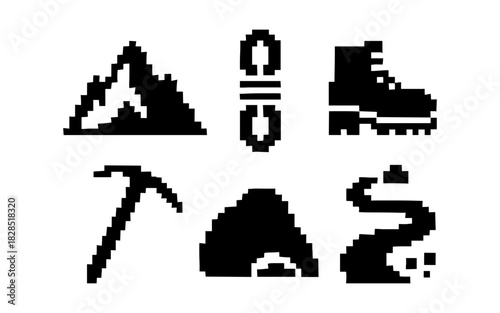 Pixel art mountain adventure icons: hiking, climbing, outdoor gear