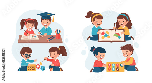 Children Engaged in Diverse Educational Activities and Creative Play.