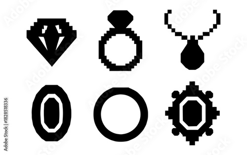 Minimalist pixel art jewelry icons: rings, necklaces, gemstones