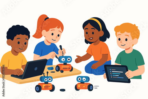 Children Engaged in Robotics and Coding Education.