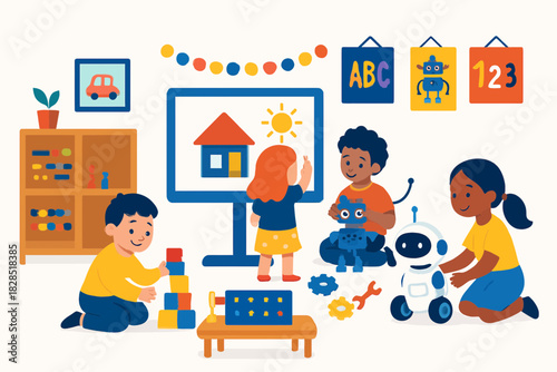 Children Learning and Playing in a Modern Classroom Setting.