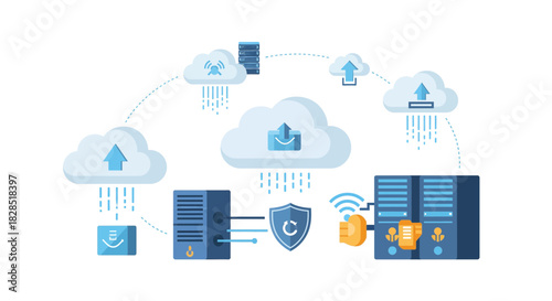 Cloud Computing Network Diagram with Servers and Security Shield.