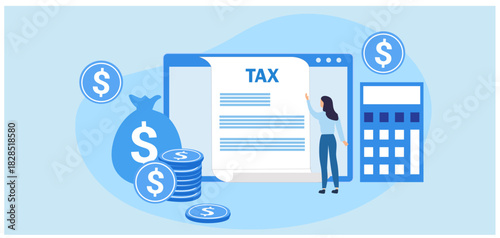 Online tax filing concept, businessman filling tax form documents online vector illustration	

