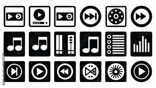Collection of music and media playback icons silhouette isolated on white background