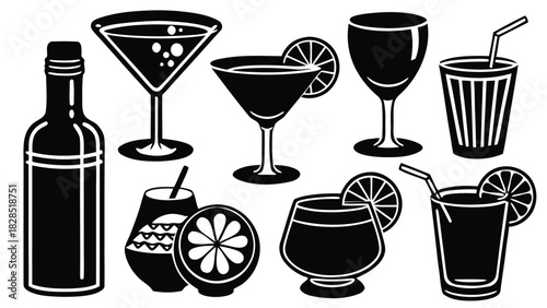 Collection of cocktail and drink silhouettes isolated on white background