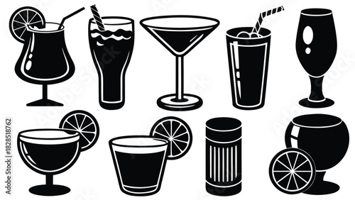 Collection of various cocktail glasses silhouette isolated on white background