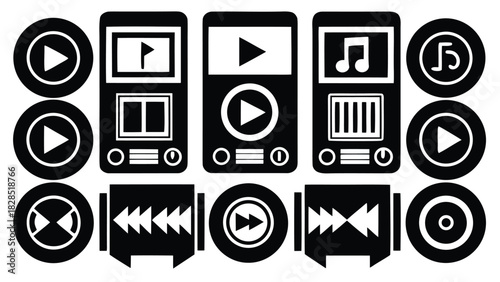 Collection of media player icons and controls silhouette isolated on white background