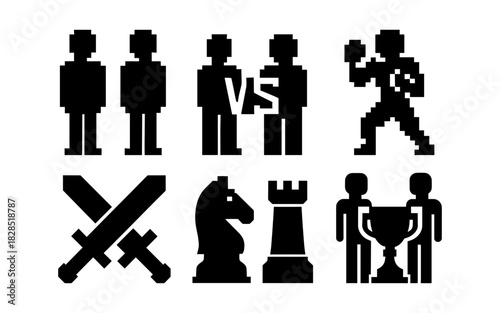 Retro pixelated gaming icons: competition, battle, chess, and trophies