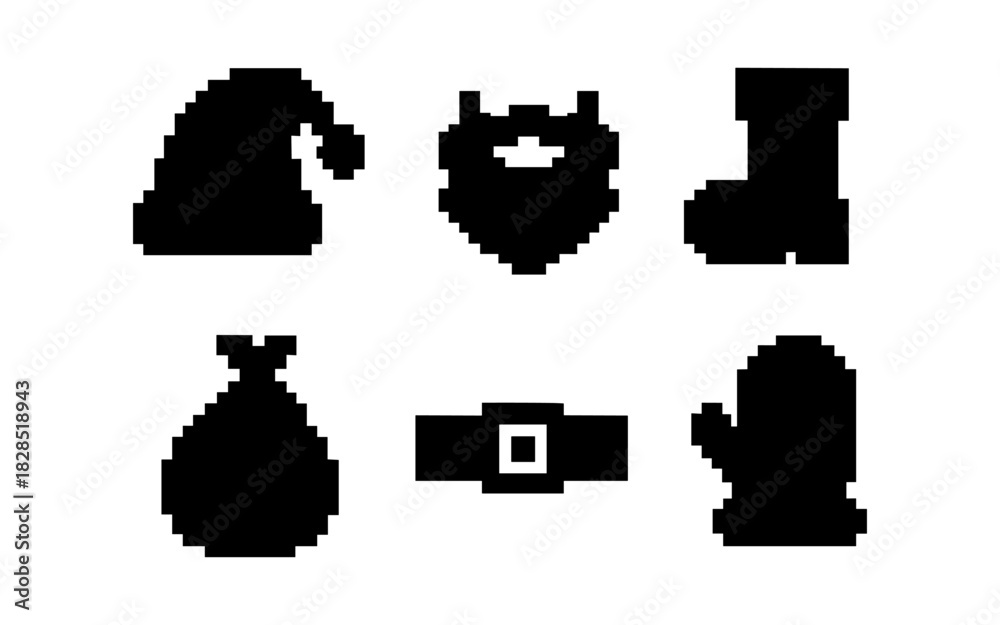 Fototapeta premium Pixelated christmas icons: santa hat, beard, boot, bag, belt, mitten