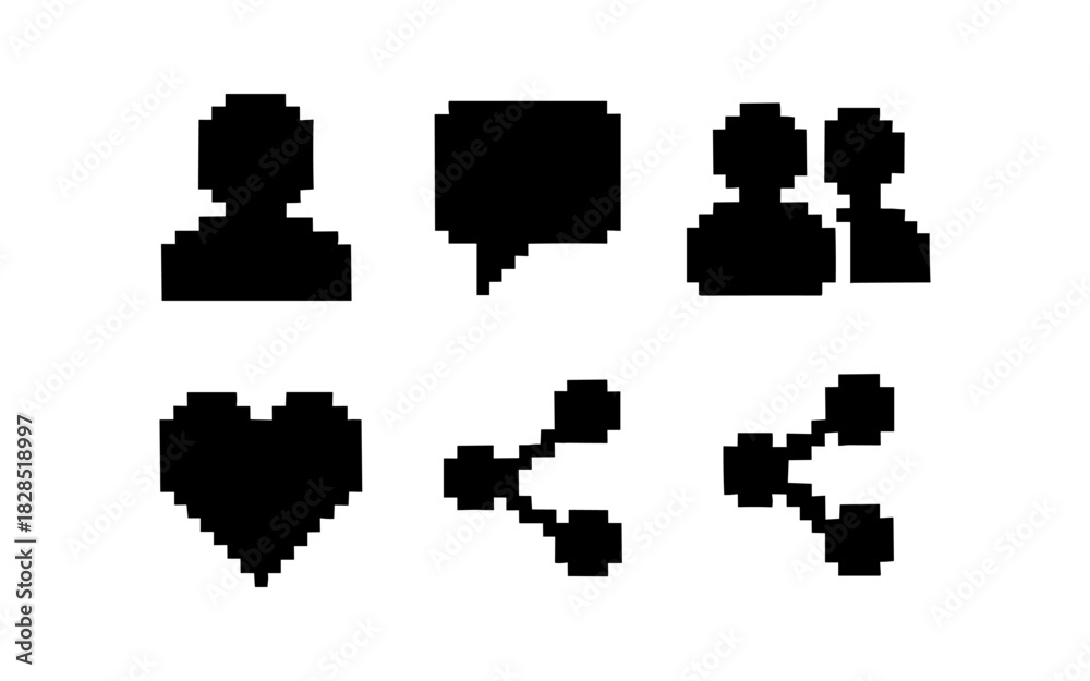 Fototapeta premium Pixel art icons set: user, speech bubble, group, heart, share