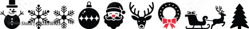 Embrace the holiday spirit with festive icons snowman snowflakes santa reindeer sleigh Black and