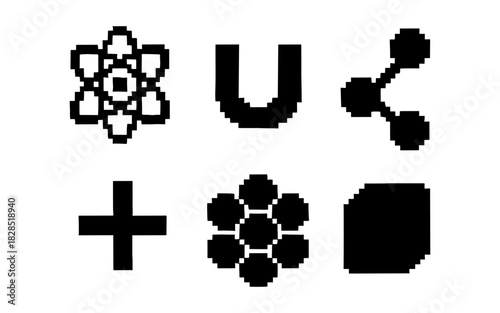 Pixel art science icons featuring atom, magnet, and molecules