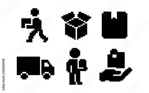 Pixel art icons of delivery and shipping services