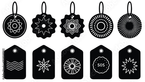 Collection of decorative tags silhouette isolated on white background